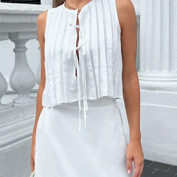 White Casual Women's Ribbon-Tied Ruffled Sleeveless Blouse And Long Skirt Set - Picture 8 of 8